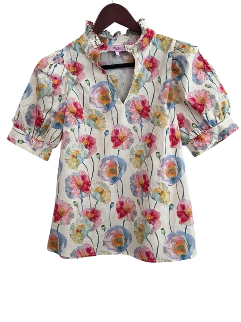Entro Floral Poppy Ruffle Neck Puff Sleeve Blouse Size Small - Picture 2 of 13